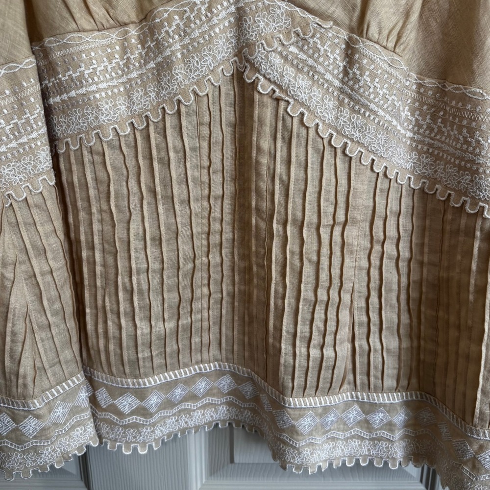 Vintage Linen Embroidered Blouse Tan Scalloped Trim Size 16 Boho Coastal Grandma - Picture 3 of 9